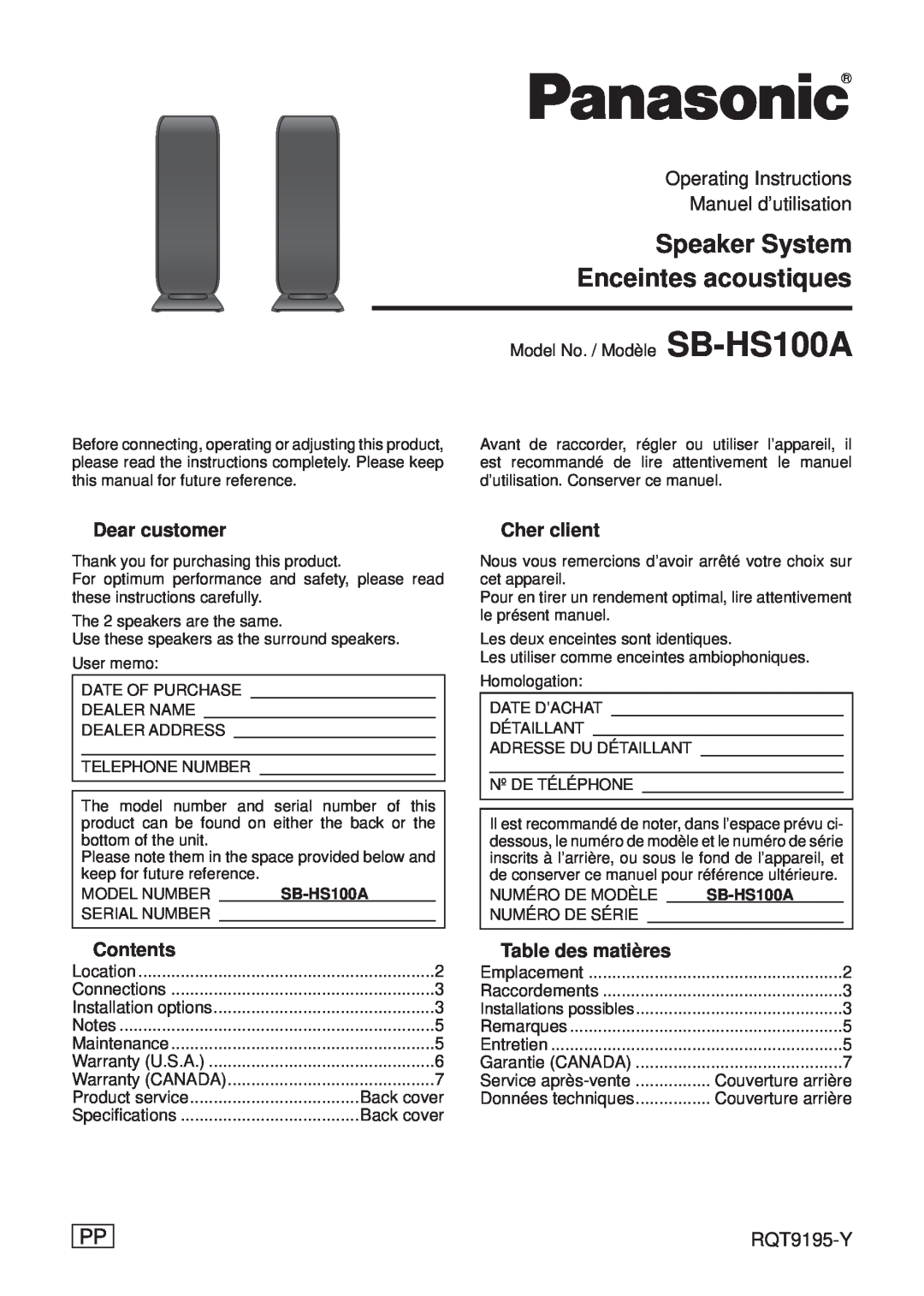 Panasonic SB-HS100A operating instructions Contents, Cher client, Table des matières, Speaker System, Manuel d’utilisation 