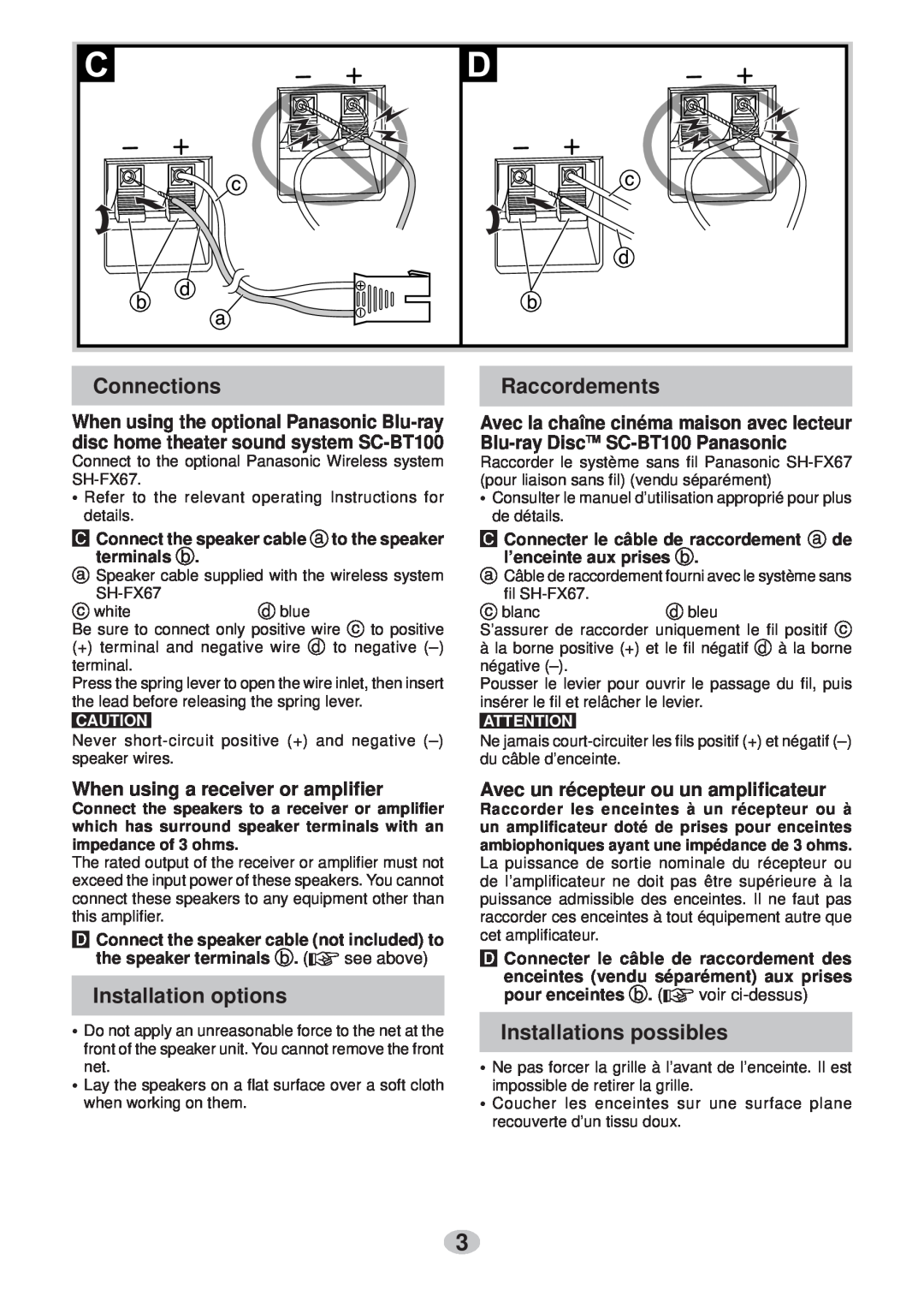 Panasonic SB-HS100A operating instructions Connections, Raccordements, Installation options, Installations possibles 