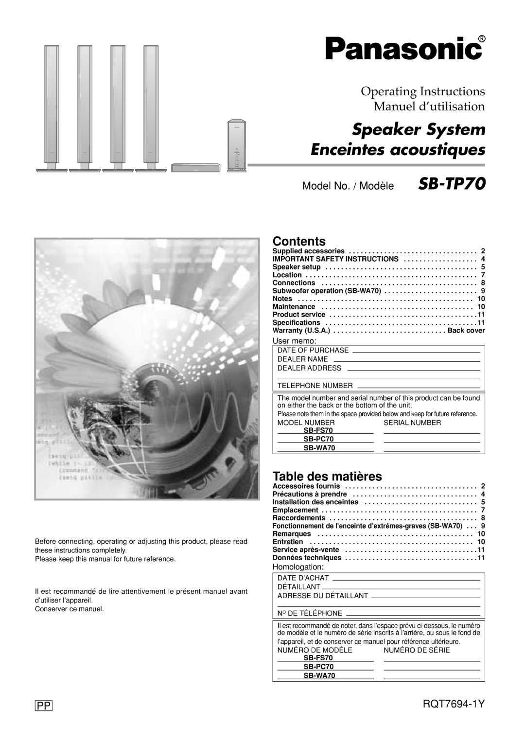 Panasonic SB-TP70 manuel dutilisation Speaker System Enceintes acoustiques, Contents 