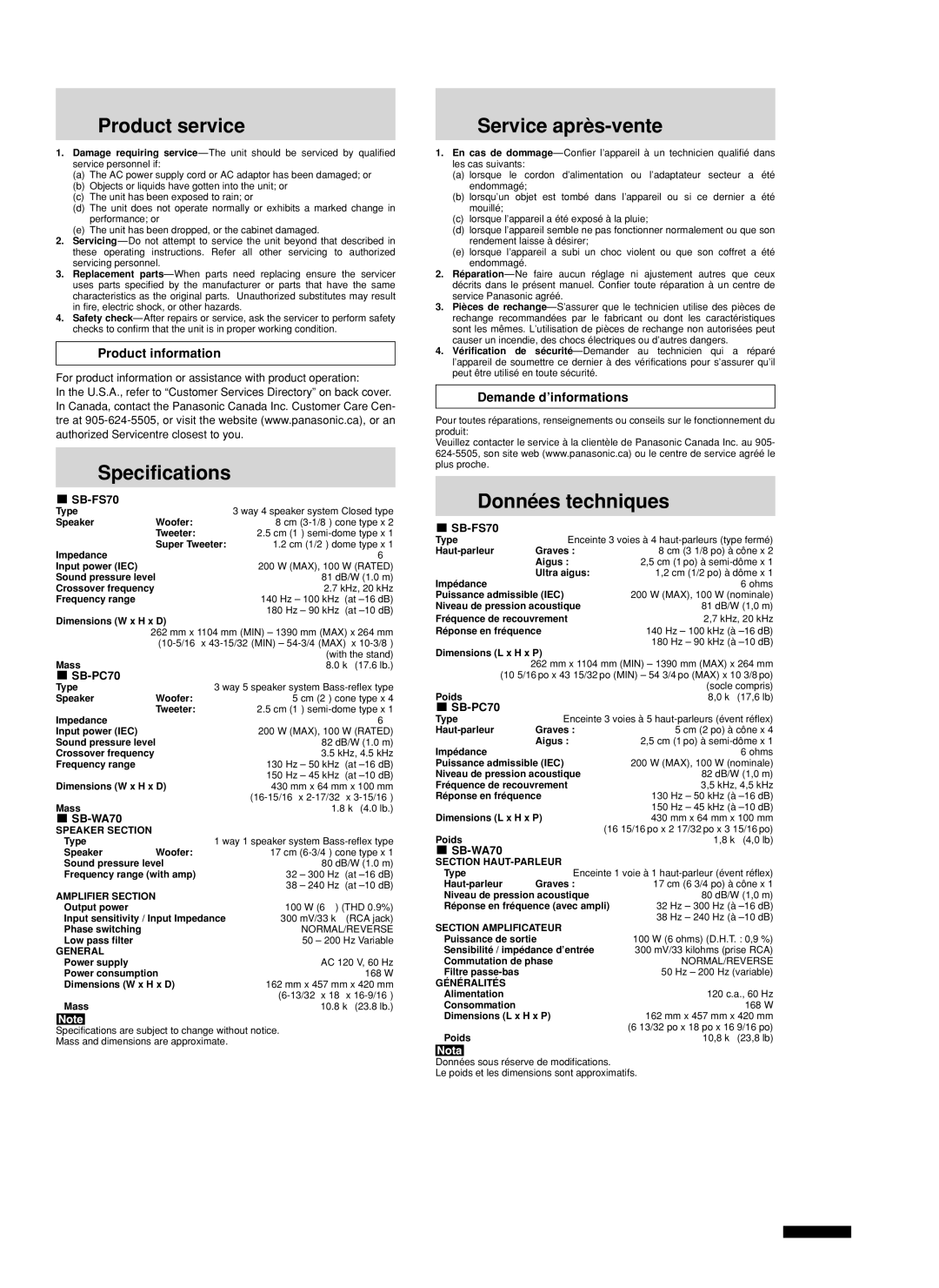 Panasonic SB-TP70 manuel dutilisation Product service, Specifications, Service après-vente, Données techniques 