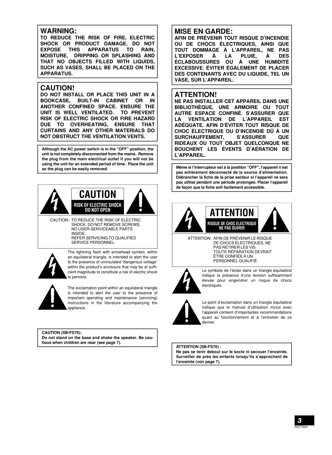 Panasonic SB-TP70 manuel dutilisation Mise EN Garde 