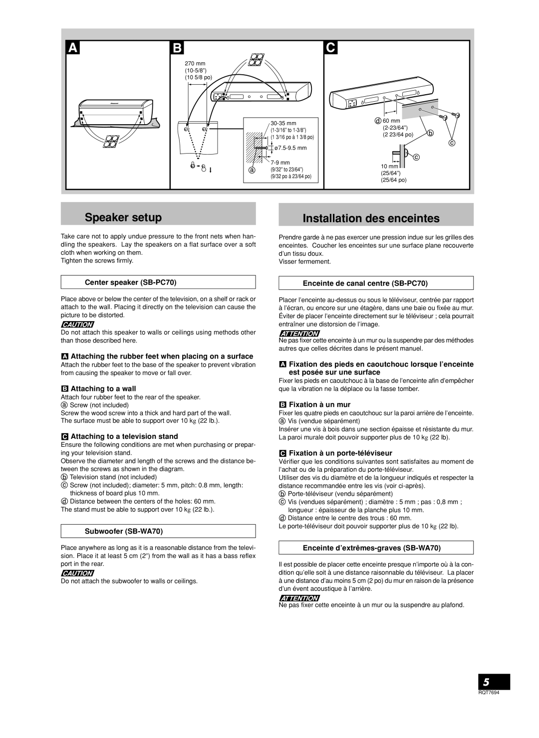 Panasonic SB-TP70 manuel dutilisation Speaker setup, Installation des enceintes 