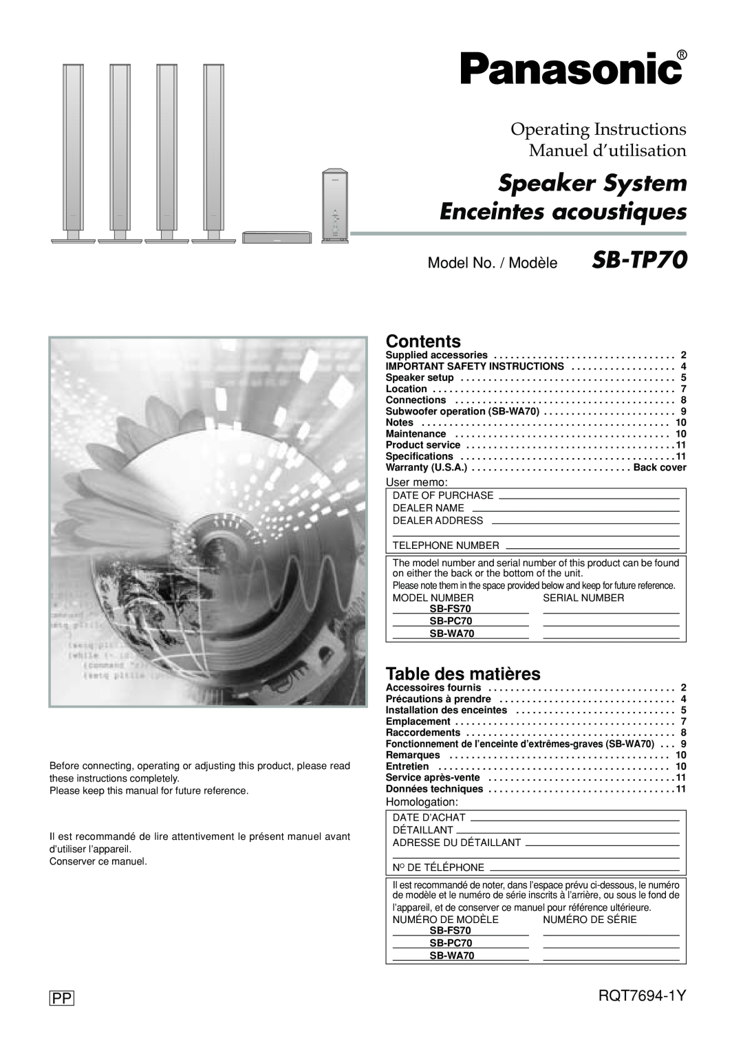Panasonic manuel dutilisation Contents, Table des matières, Model No. / Modèle SB-TP70, RQT7694-1Y, User memo 