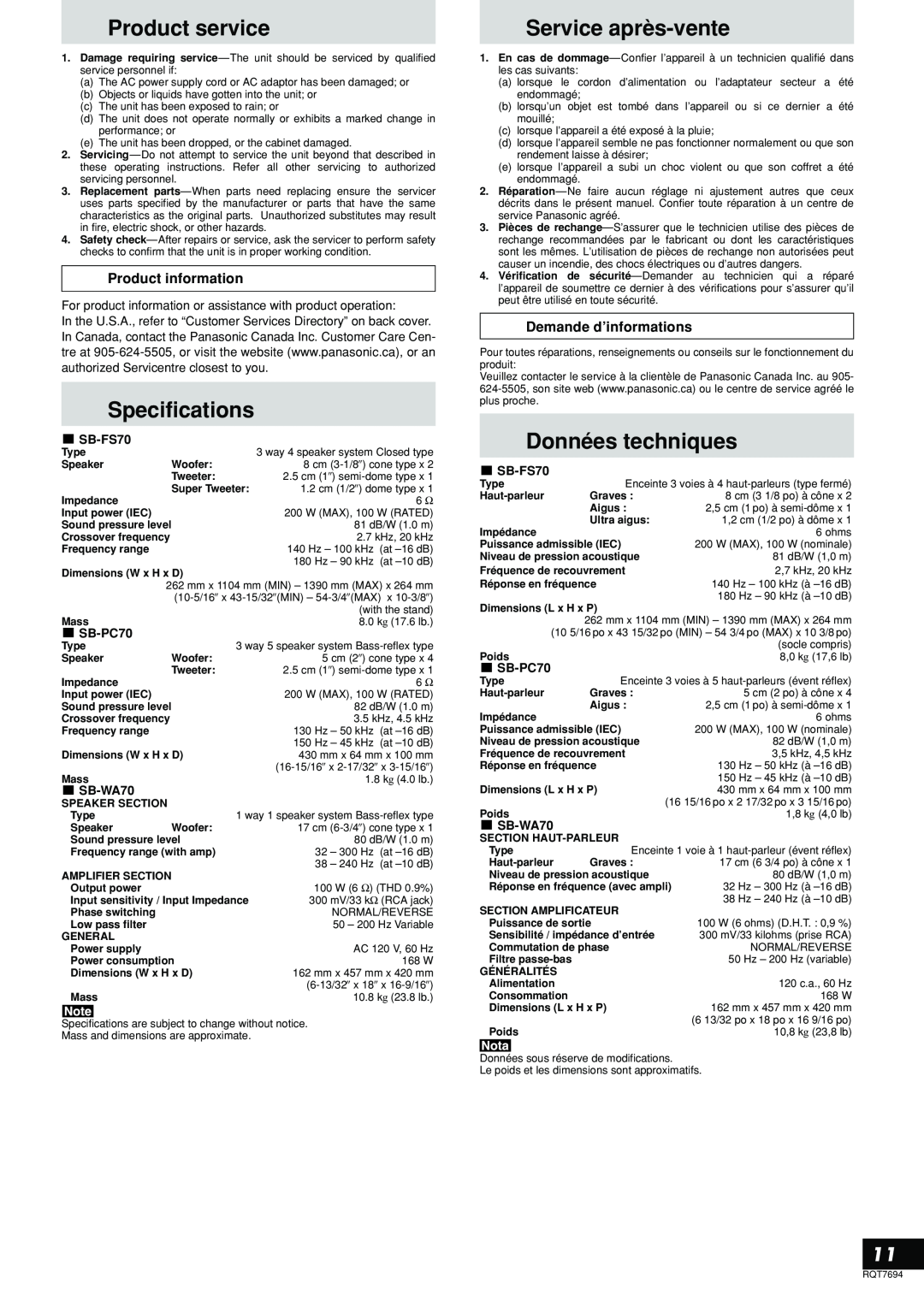 Panasonic SB-TP70 Product service, Specifications, Service après-vente, Données techniques, Product information 