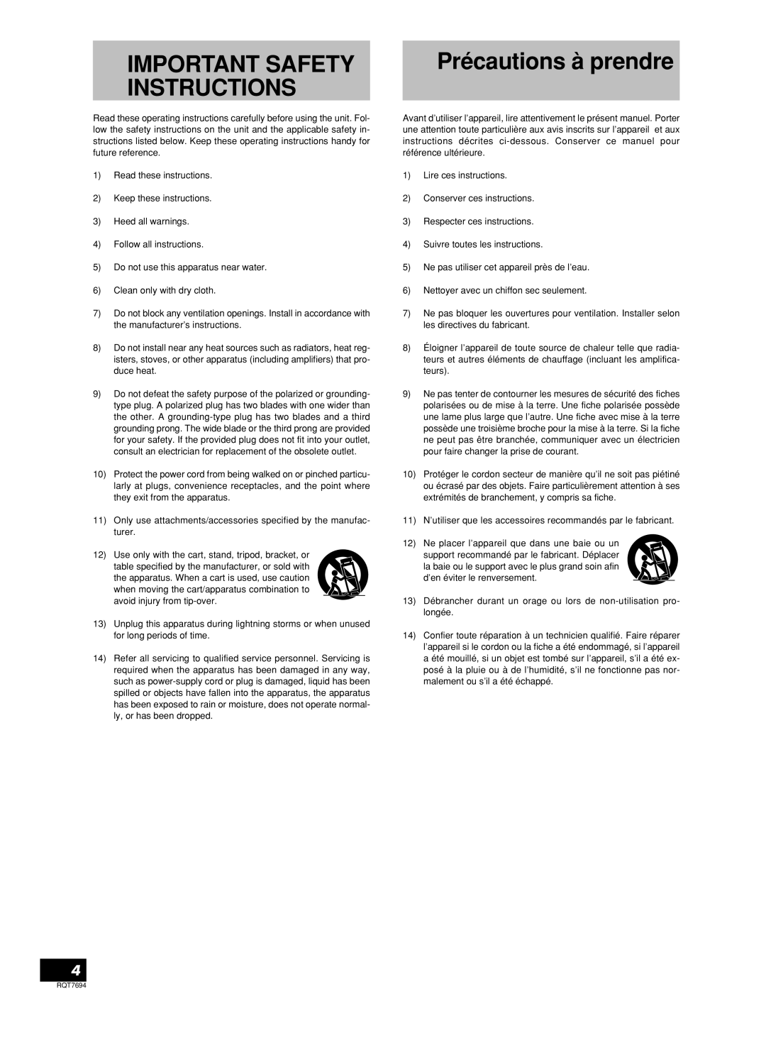 Panasonic SB-TP70 manuel dutilisation Précautions à prendre, Important Safety Instructions 