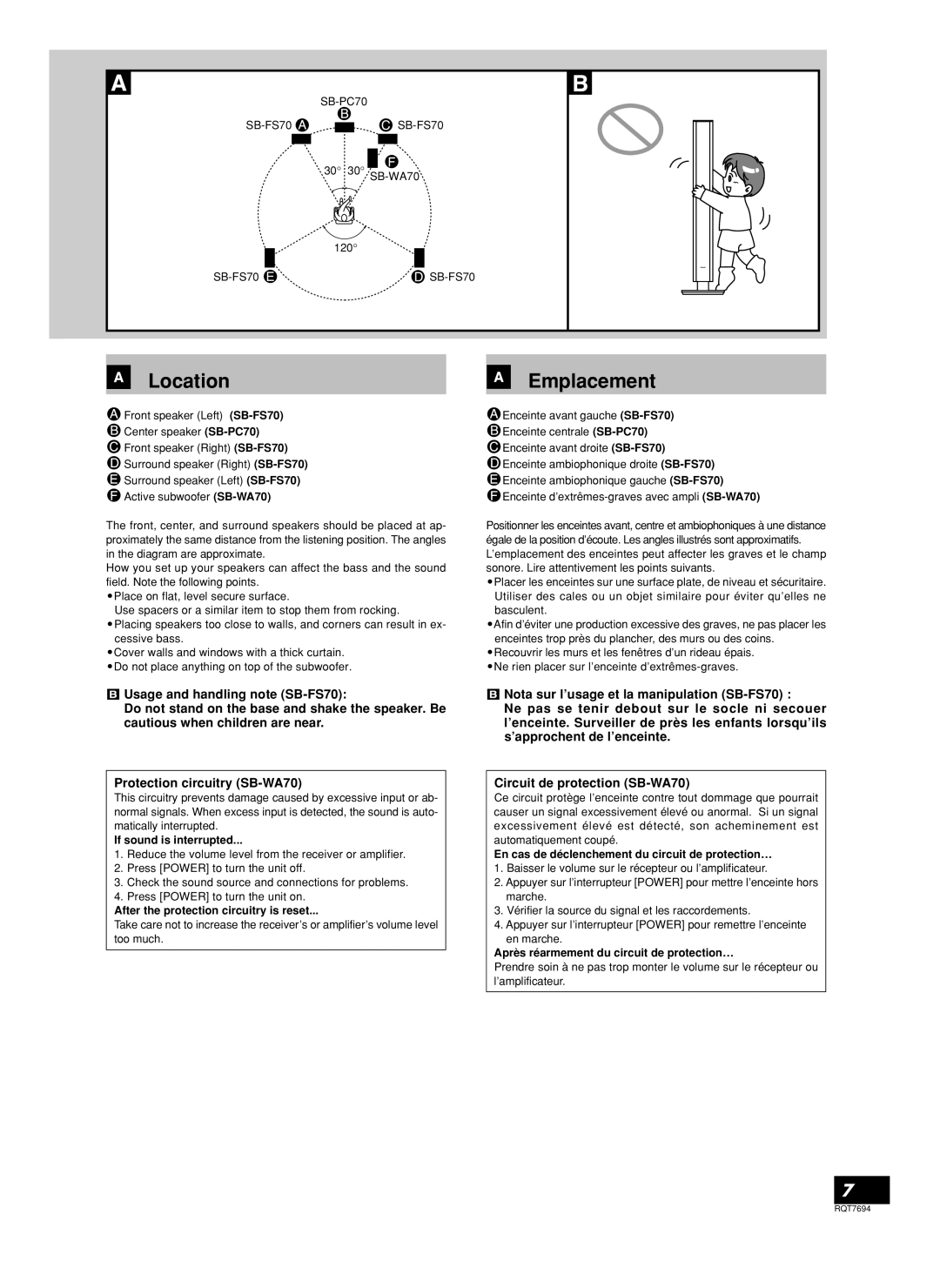 Panasonic SB-TP70 manuel dutilisation Location, Emplacement, Usage and handling note SB-FS70, Protection circuitry SB-WA70 