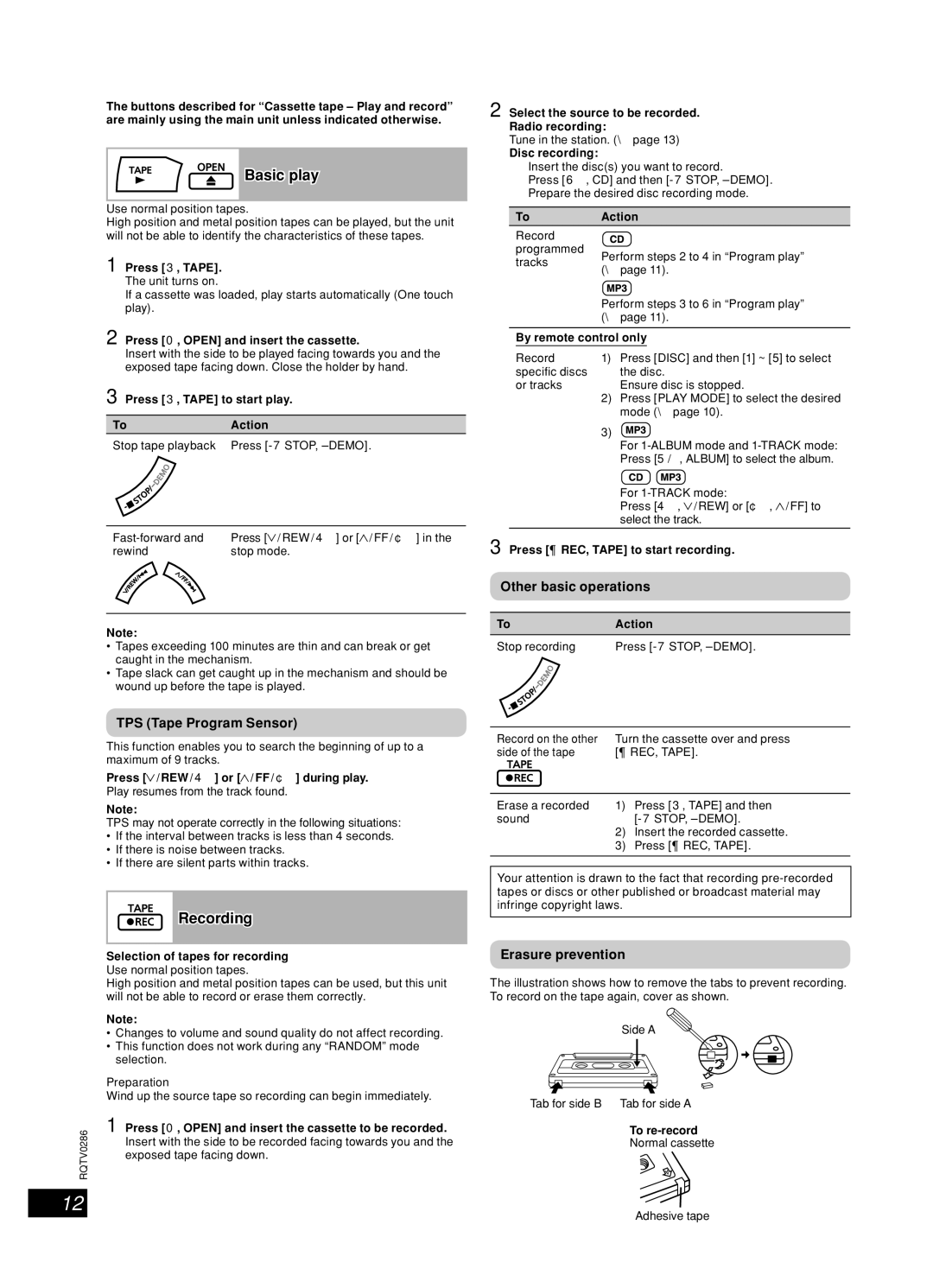 Panasonic SB-WAK770, SA-AK770 Cassette tape Play and record, Recording, TPS Tape Program Sensor, Other basic operations 