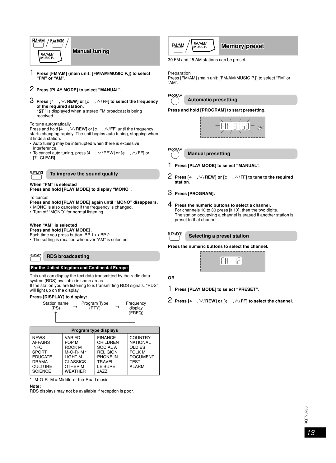 Panasonic SA-AK770, SB-WAK770, SB-AK770, SC-AK770 operating instructions Using the FM/AM radio, Memory preset, Manual tuning 