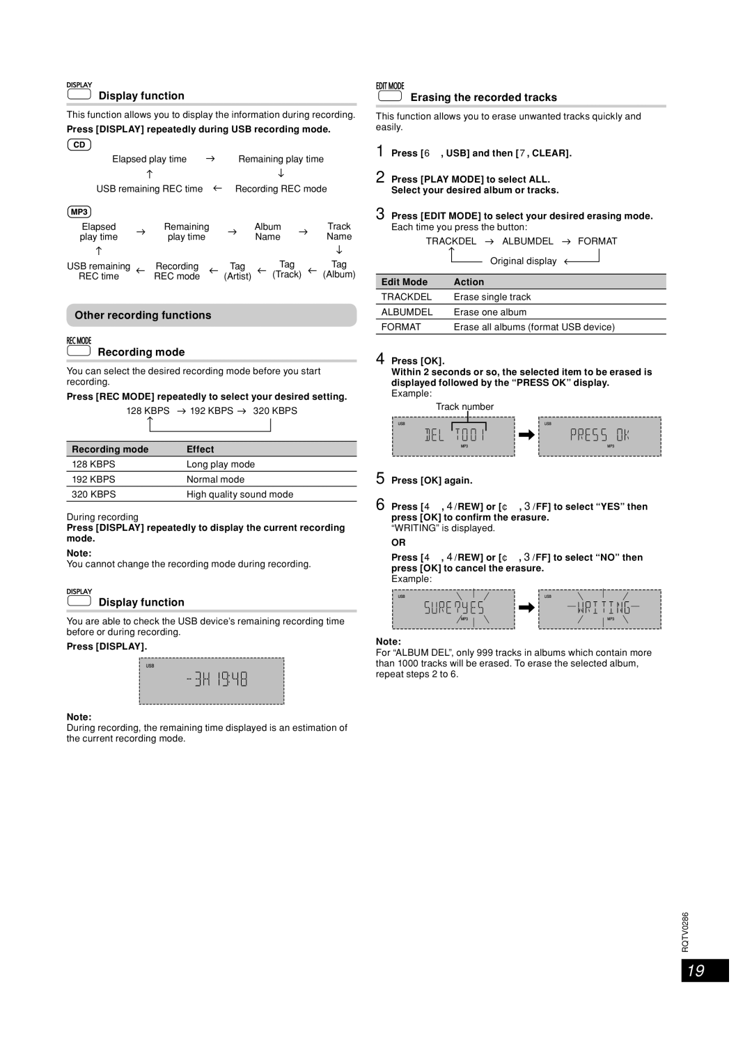 Panasonic SC-AK770, SB-WAK770 Display function, Other recording functions Recording mode, Erasing the recorded tracks 