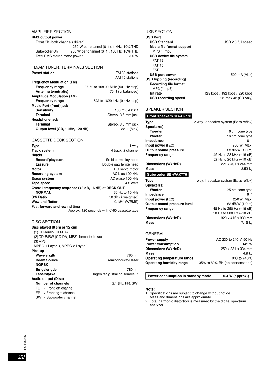 Panasonic SB-AK770, SB-WAK770, SA-AK770, SC-AK770 operating instructions Speciﬁcations, Normal, Norsk 