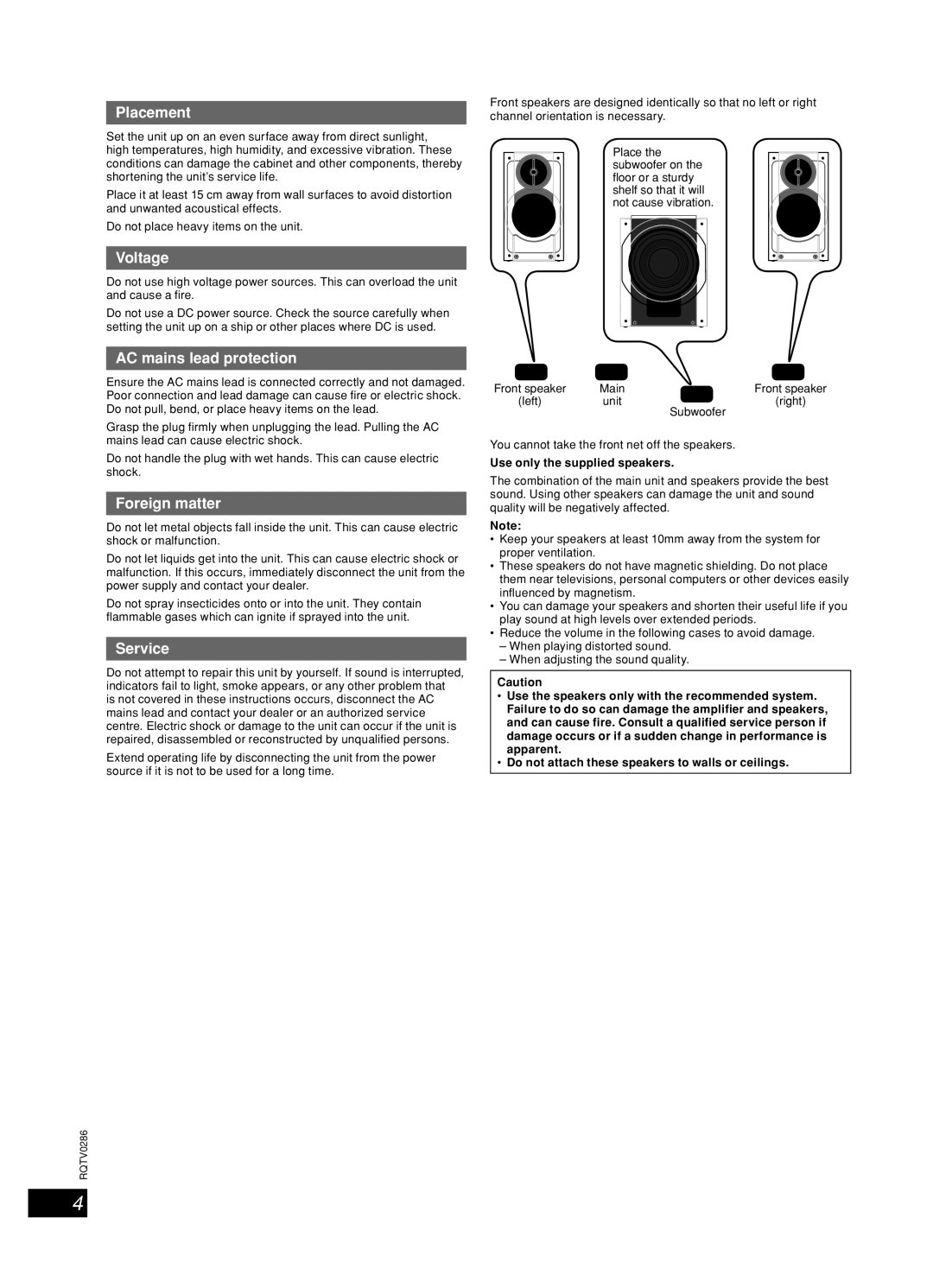 Panasonic SB-WAK770, SA-AK770, SB-AK770, SC-AK770 Safety precautions, Placement of speakers, Use only the supplied speakers 