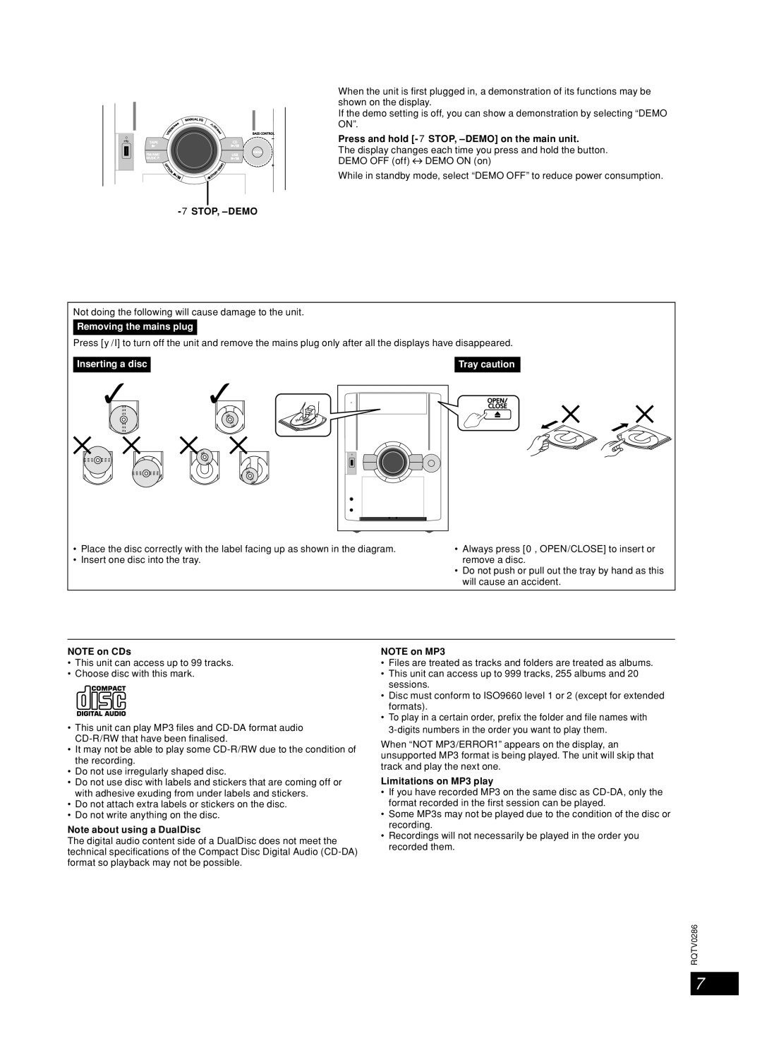 Panasonic SC-AK770 Demo function, Handling of the disc trays and discs, Press and hold -7STOP, -DEMO on the main unit 