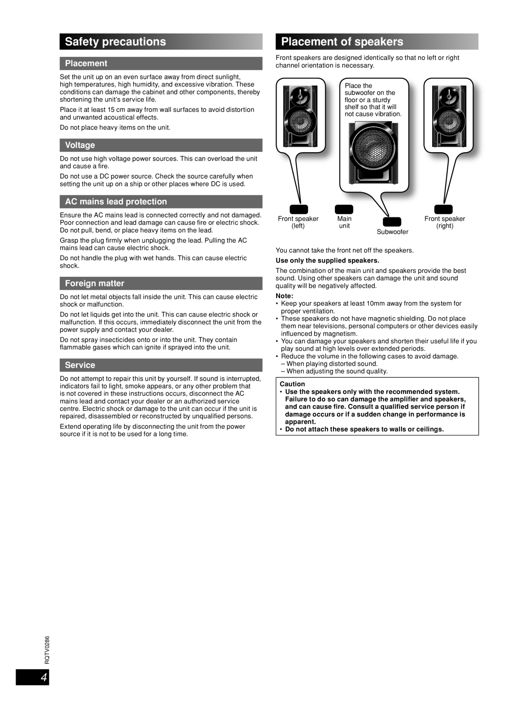 Panasonic SB-WAK770 Safety precautions, Placement of speakers, Voltage, AC mains lead protection, Foreign matter, Service 