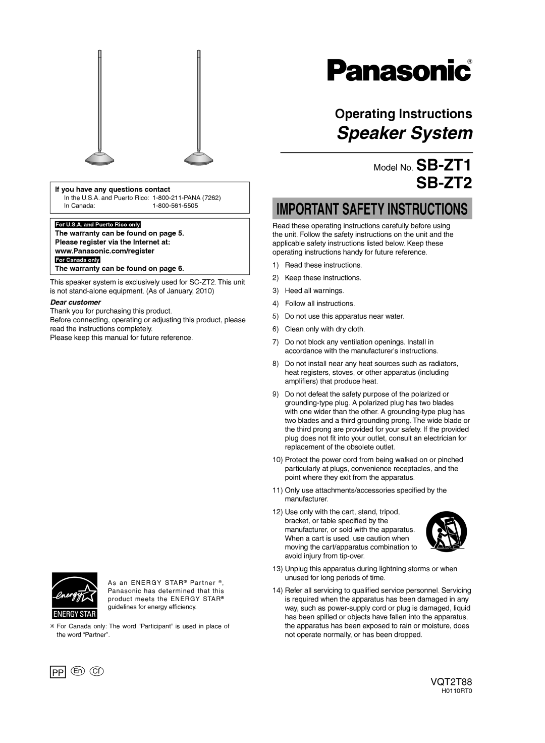 Panasonic SB-ZT2, SB-ZT1 important safety instructions If you have any questions contact, Warranty can be found on 