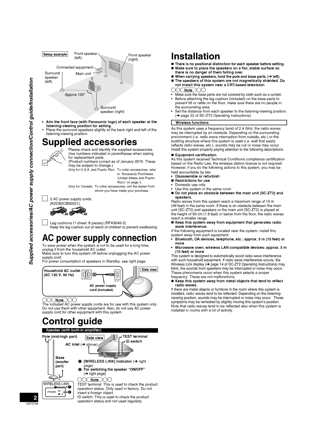 Panasonic SB-ZT1, SB-ZT2 Supplied accessories, Control guide, Installation, AC power supply connection 