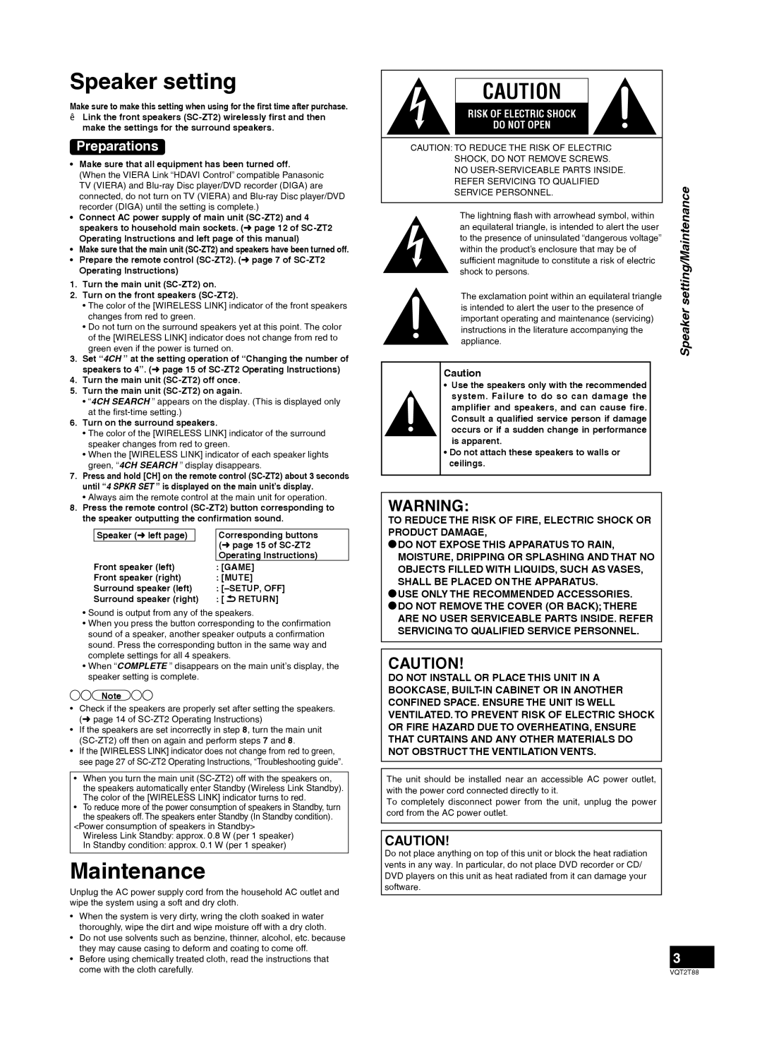 Panasonic SB-ZT2, SB-ZT1 important safety instructions Speaker setting, Maintenance, Return 