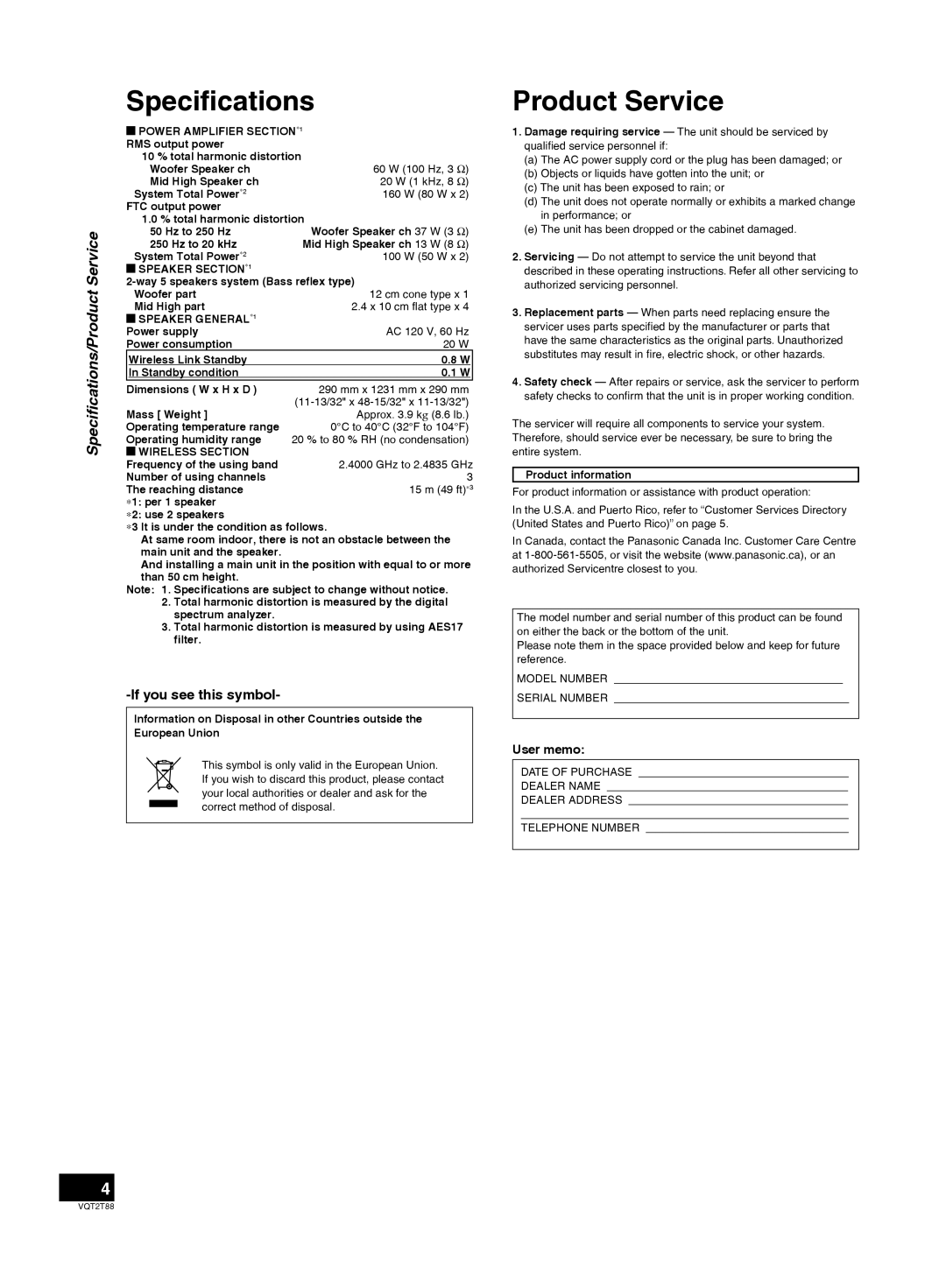 Panasonic SB-ZT1, SB-ZT2 important safety instructions Speciﬁcations, Product Service, User memo 