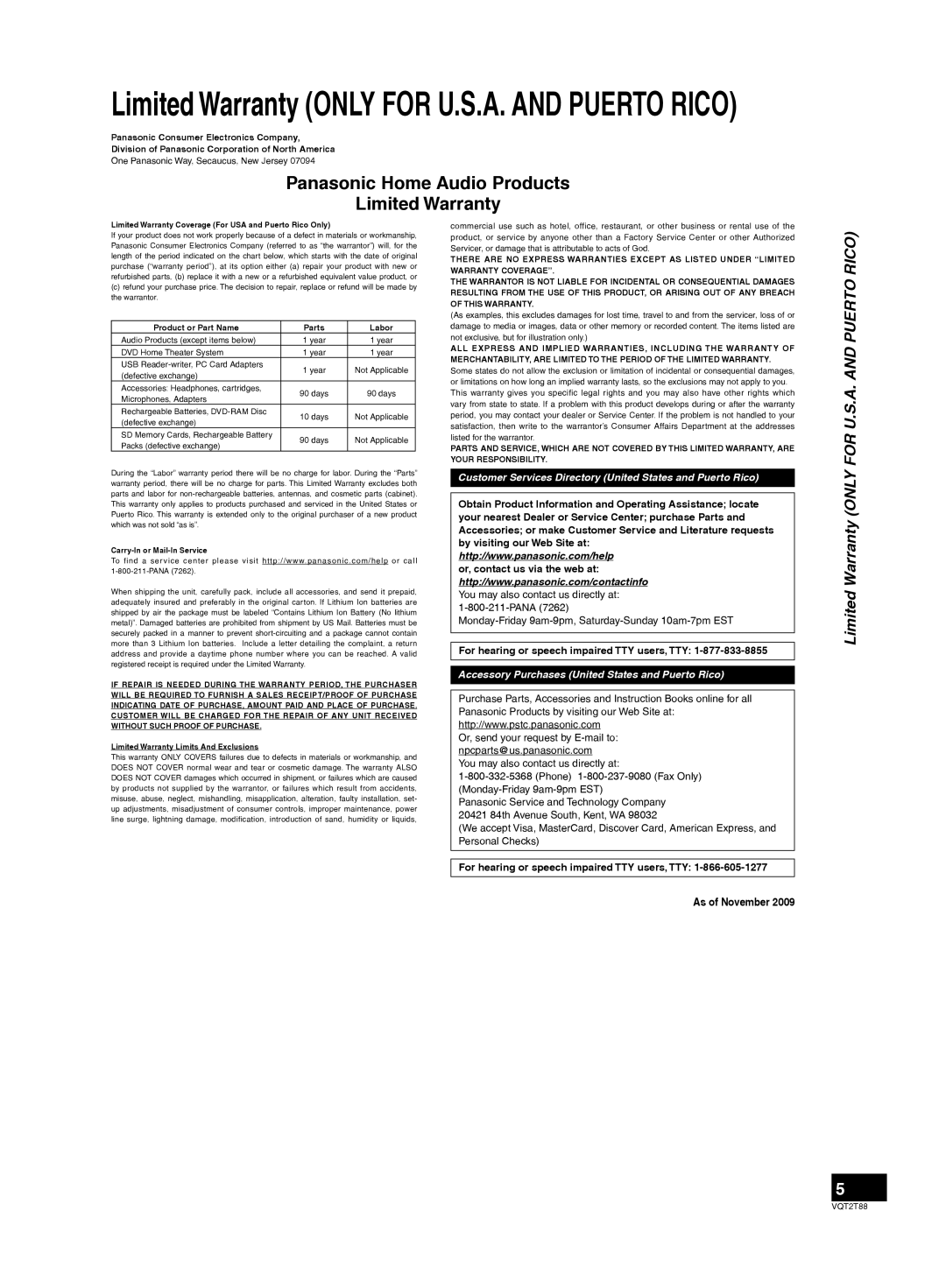 Panasonic SB-ZT2, SB-ZT1 important safety instructions Limited Warranty only for U.S.A. and Puerto Rico, As of November 