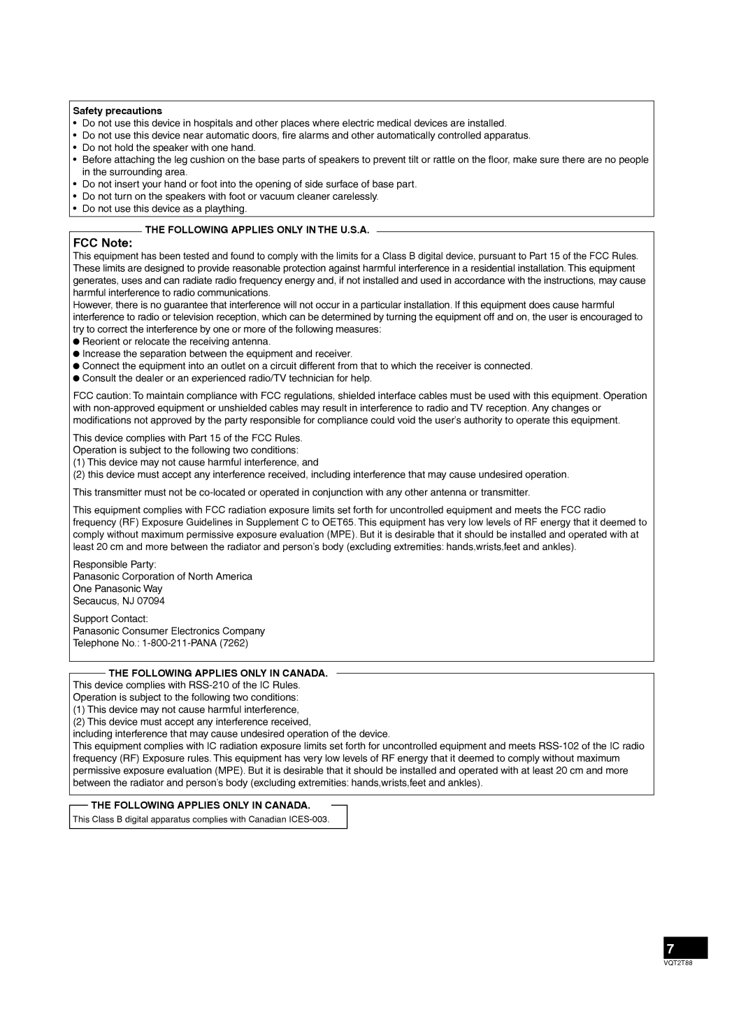 Panasonic SB-ZT2, SB-ZT1 important safety instructions FCC Note, Safety precautions 