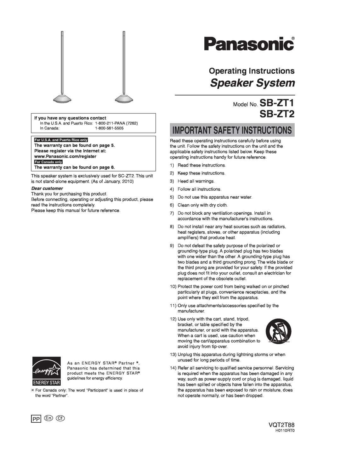 Panasonic SB-ZT2 important safety instructions If you have any questions contact, The warranty can be found on page 