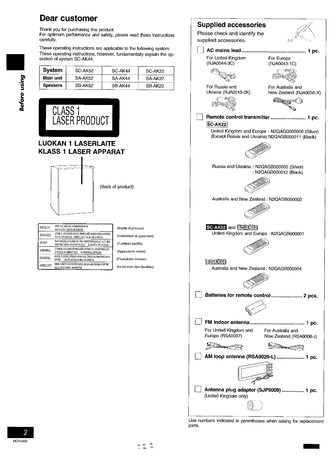 Panasonic SC- AK42, SC- AK54 manual 