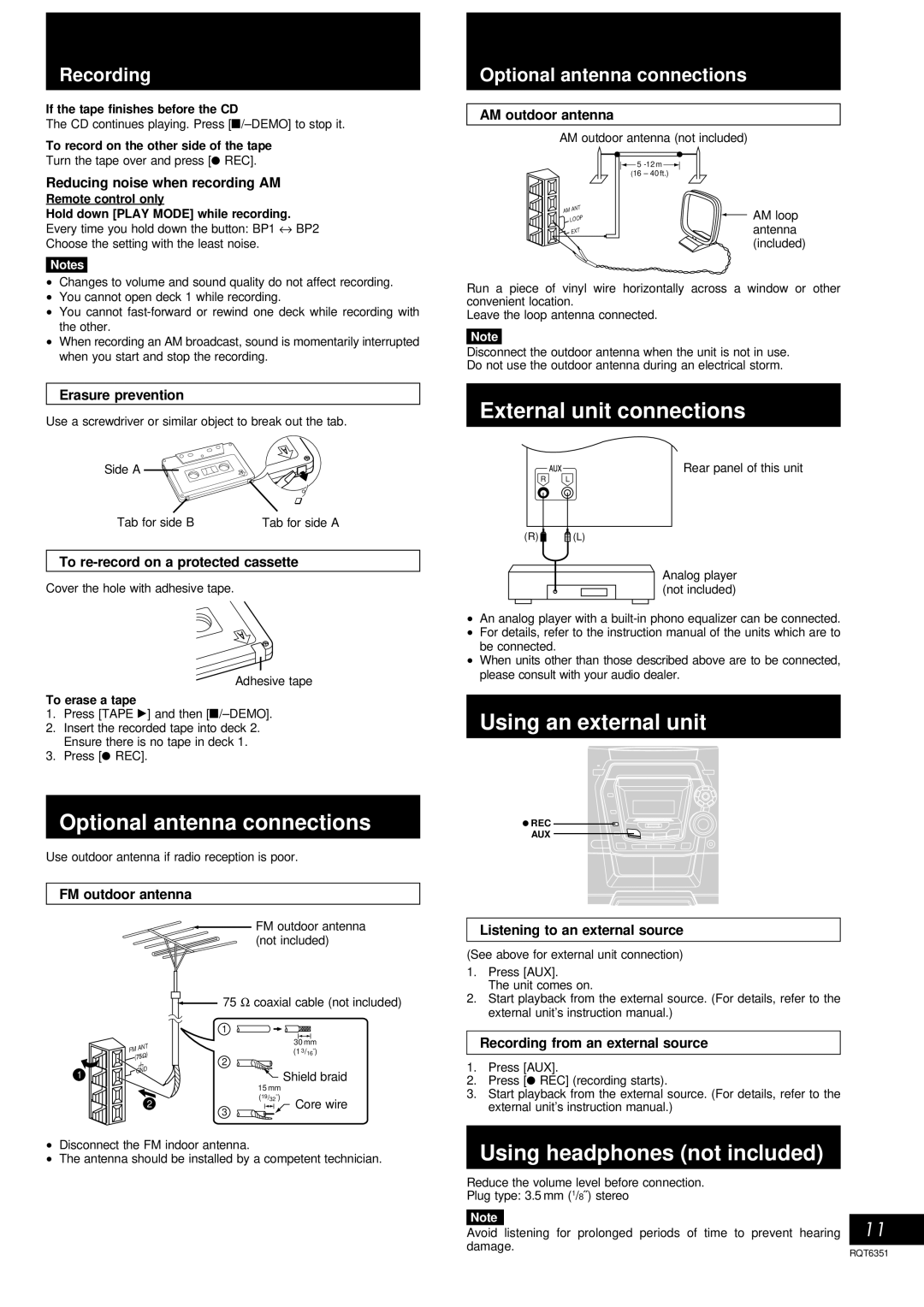 Panasonic SC-AK100 operating instructions Optional antenna connections, External unit connections, Using an external unit 