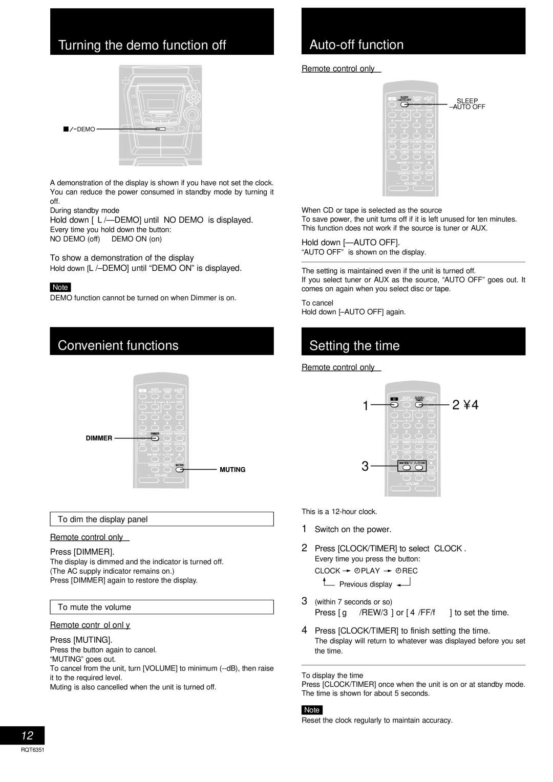 Panasonic SC-AK100 Turning the demo function off, Convenient functions, Auto-off function, Setting the time 