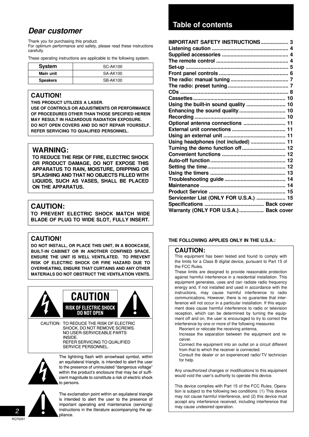 Panasonic SC-AK100 operating instructions Dear customer, Table of contents 