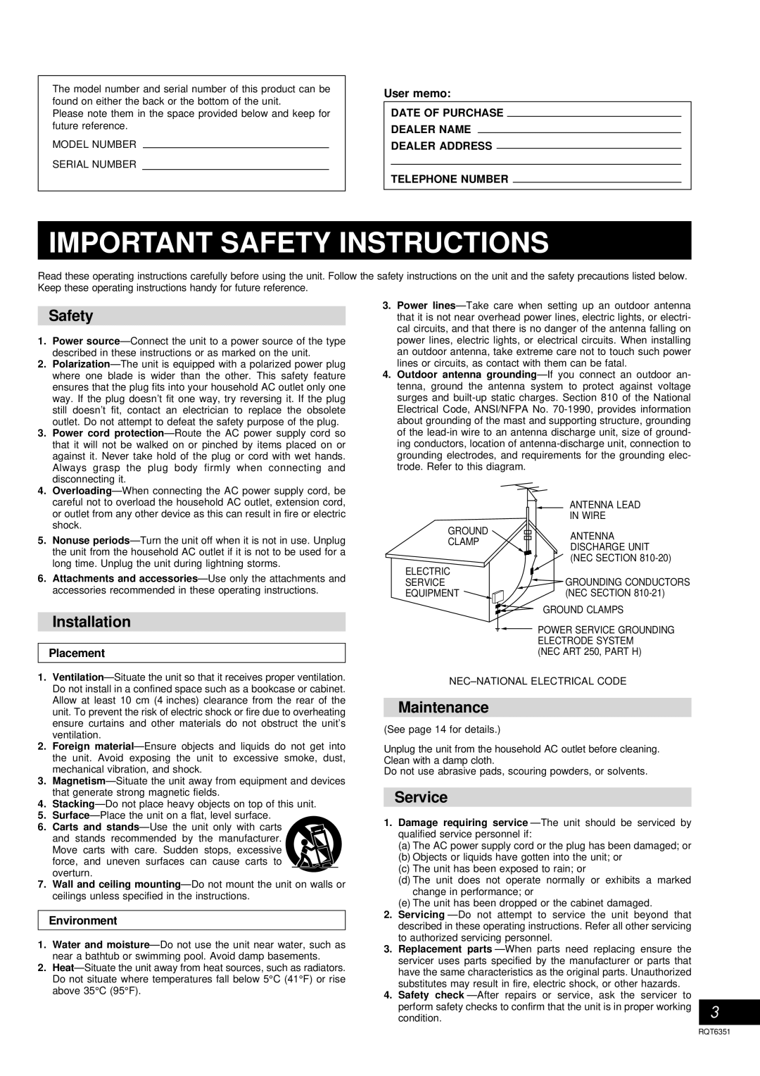 Panasonic SC-AK100 operating instructions Safety, Installation, Maintenance, Service 