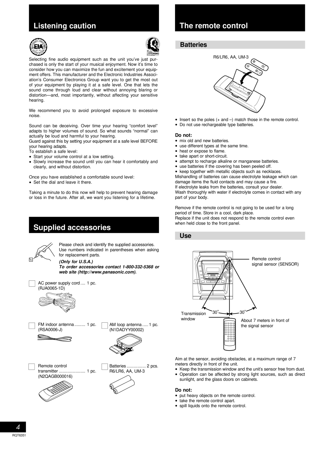 Panasonic SC-AK100 operating instructions Listening caution Remote control, Supplied accessories, Batteries, Use, Do not 