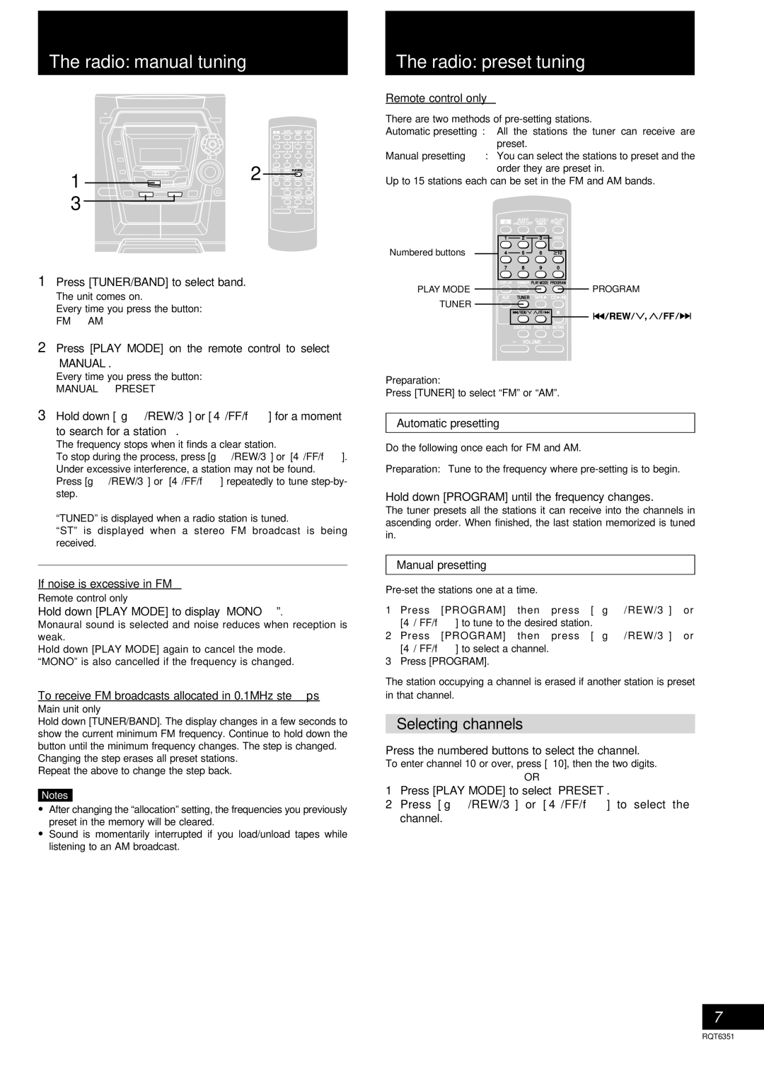 Panasonic SC-AK100 operating instructions Radio manual tuning, Radio preset tuning, Selecting channels 