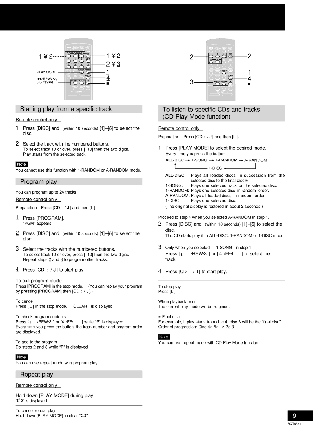 Panasonic SC-AK100 operating instructions Starting play from a specific track, Program play, Repeat play 