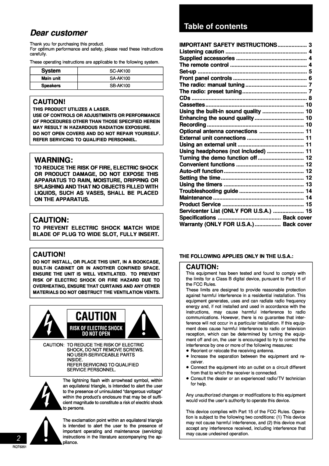 Panasonic SC-AK100 operating instructions Table of contents 