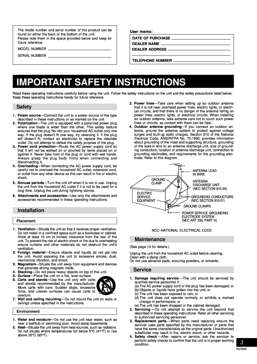 Panasonic SC-AK100 operating instructions Installation, Maintenance, Service, Important Safety Instructions 