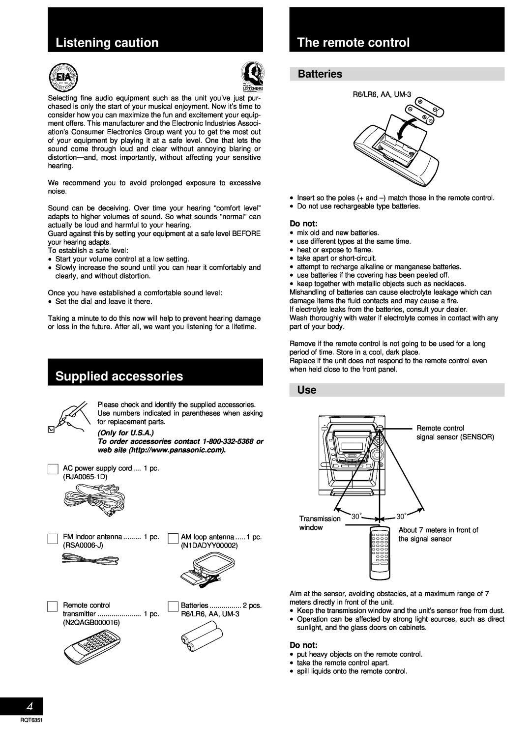 Panasonic SC-AK100 operating instructions Listening caution, The remote control, Supplied accessories, Batteries 