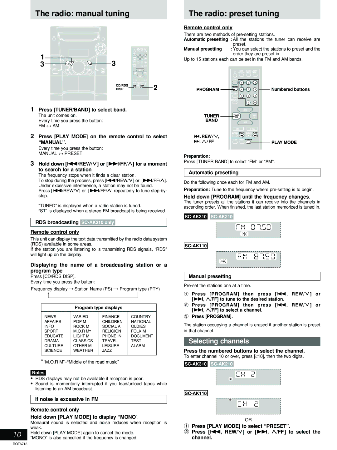 Panasonic SC-AK110, SC-AK210 Radio manual tuning, Radio preset tuning, Selecting channels 