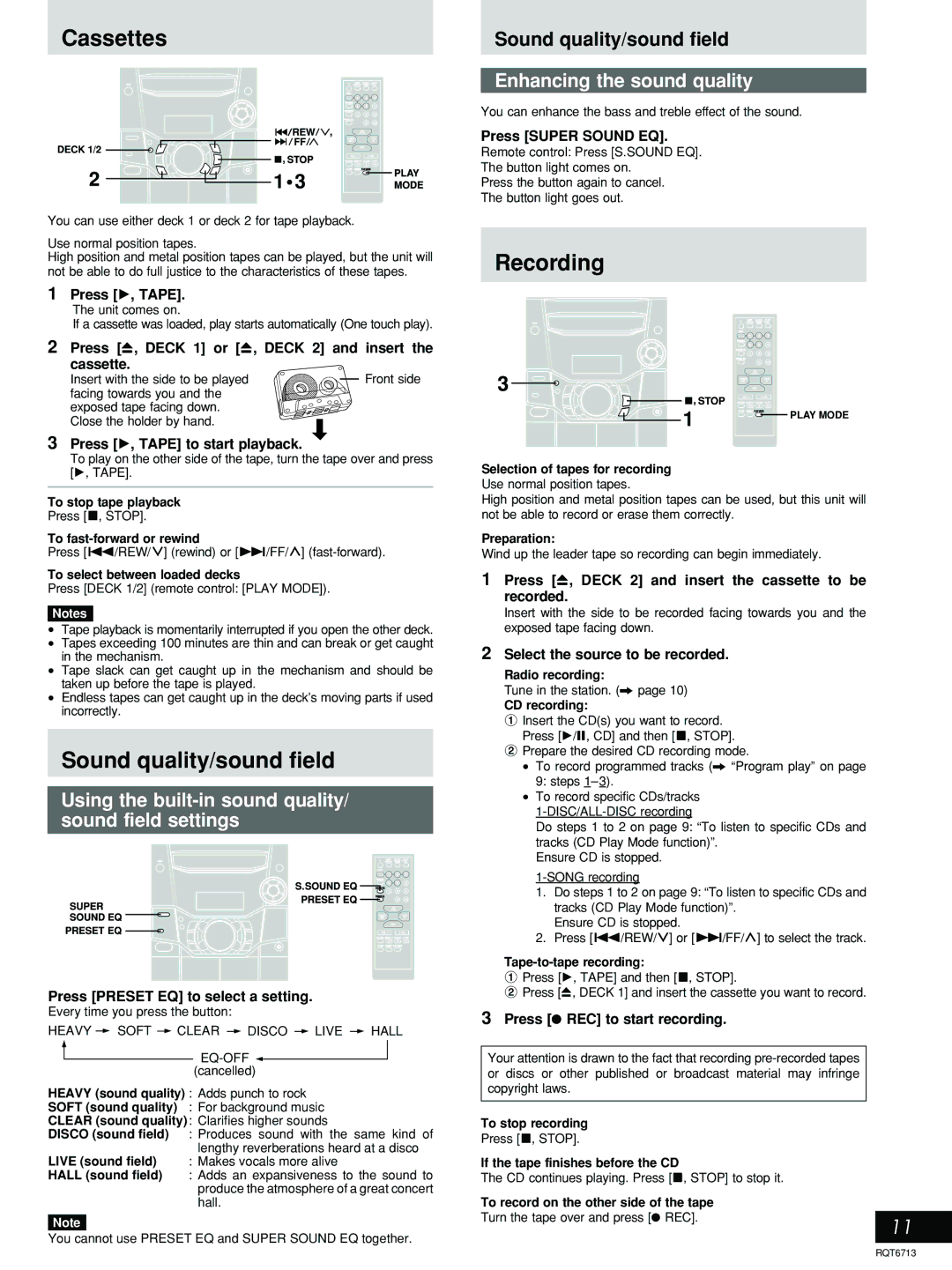 Panasonic SC-AK210 Cassettes, Sound quality/sound field, Recording, Using the built-in sound quality/ sound field settings 