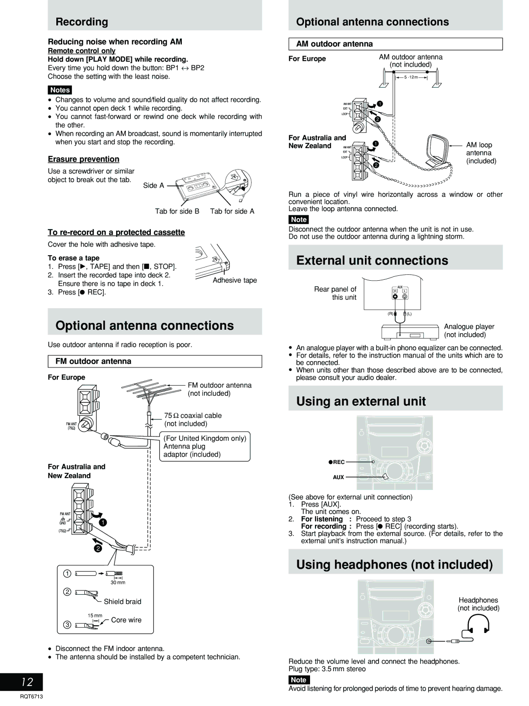 Panasonic SC-AK110, SC-AK210 manual Optional antenna connections, External unit connections, Using an external unit 