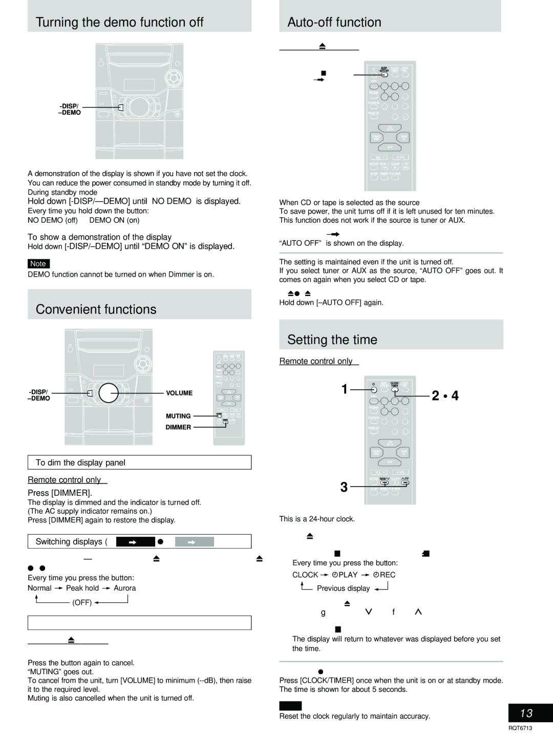 Panasonic SC-AK210, SC-AK110 manual Turning the demo function off, Convenient functions, Auto-off function, Setting the time 