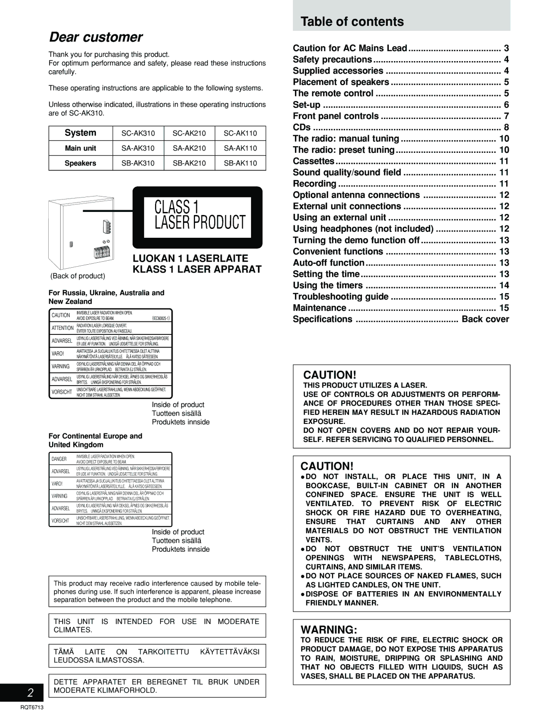 Panasonic SC-AK110, SC-AK210 manual Dear customer, Table of contents 