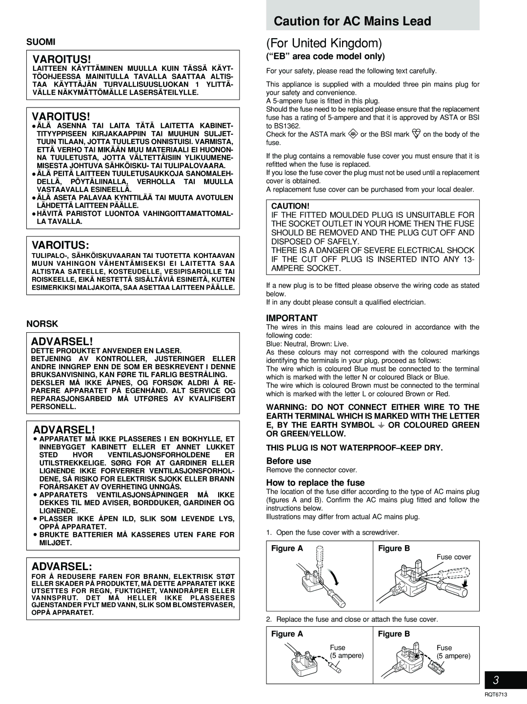 Panasonic SC-AK210, SC-AK110 To BS1362 Check for the Asta mark Or the BSI mark, Remove the connector cover, Fuse Ampere 