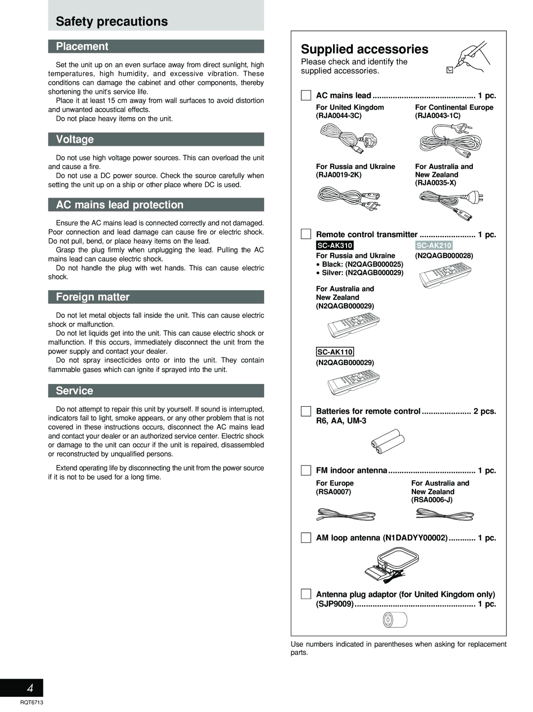 Panasonic SC-AK110, SC-AK210 manual Safety precautions, Supplied accessories 