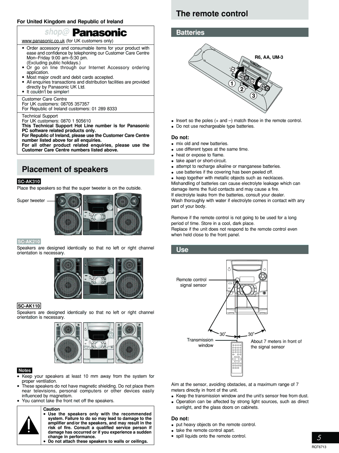 Panasonic SC-AK210, SC-AK110 manual Placement of speakers, Remote control, Batteries, Use 