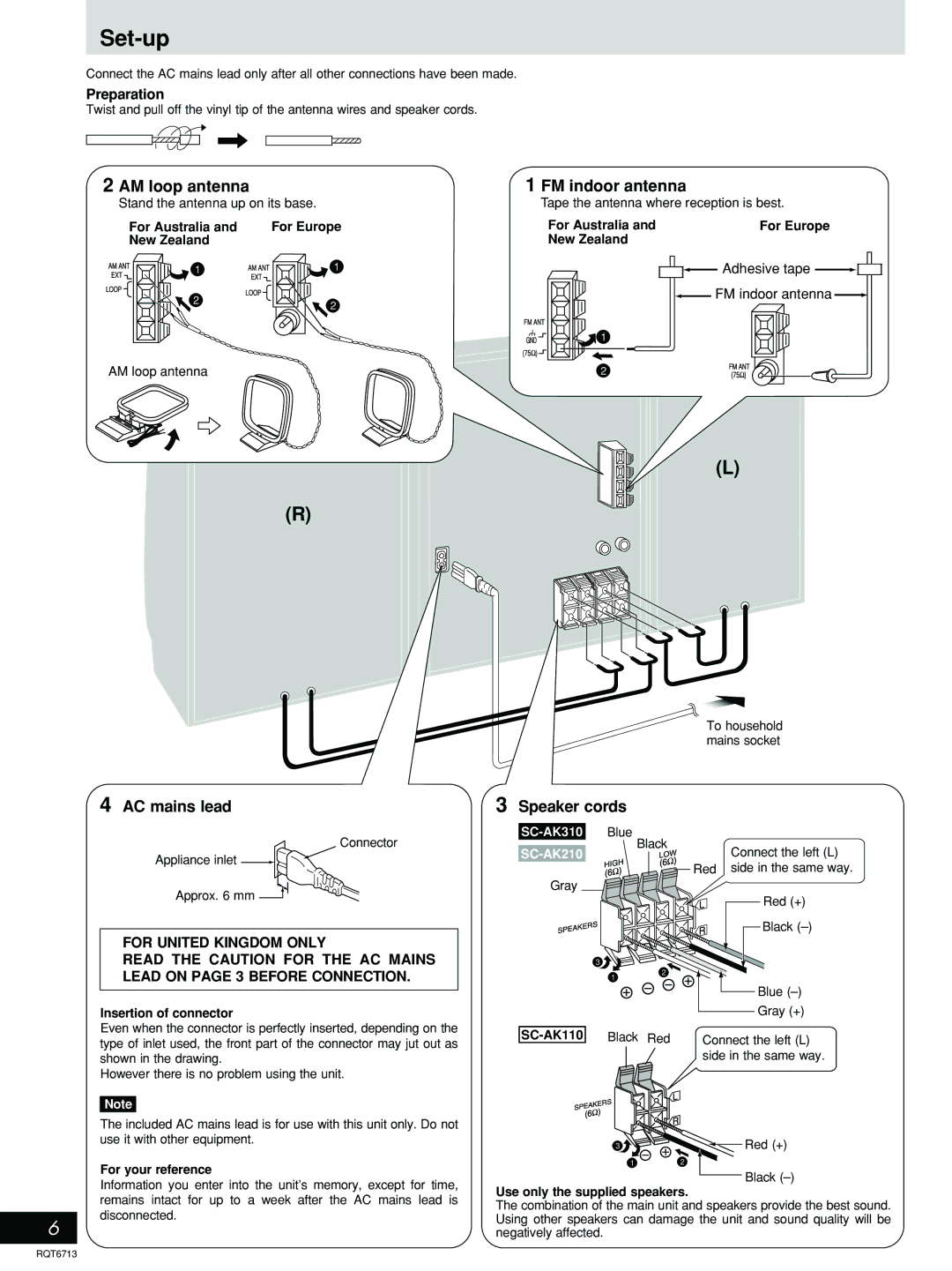 Panasonic SC-AK110 manual Set-up, Preparation, Insertion of connector, For your reference, Use only the supplied speakers 