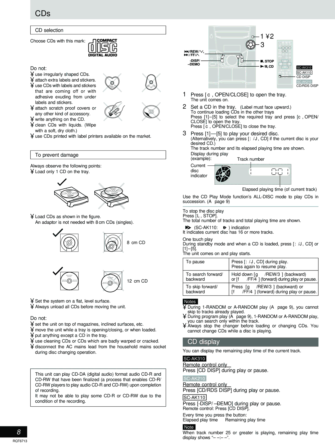 Panasonic SC-AK110, SC-AK210 manual CDs, CD display 