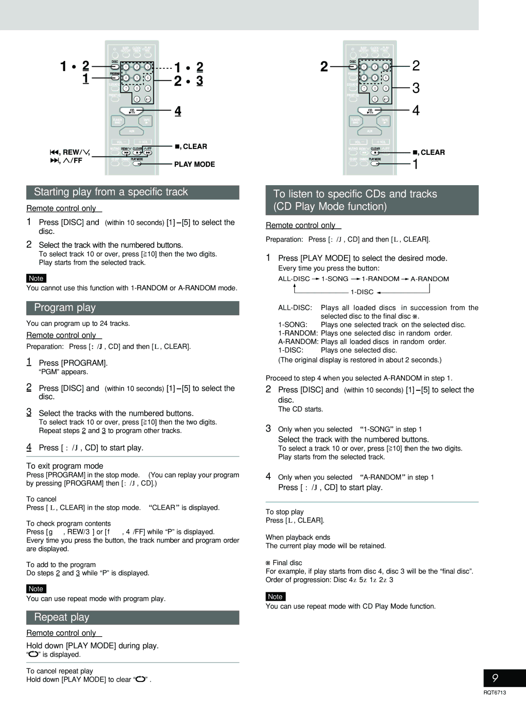 Panasonic SC-AK210, SC-AK110 manual Starting play from a specific track, Program play, Repeat play 