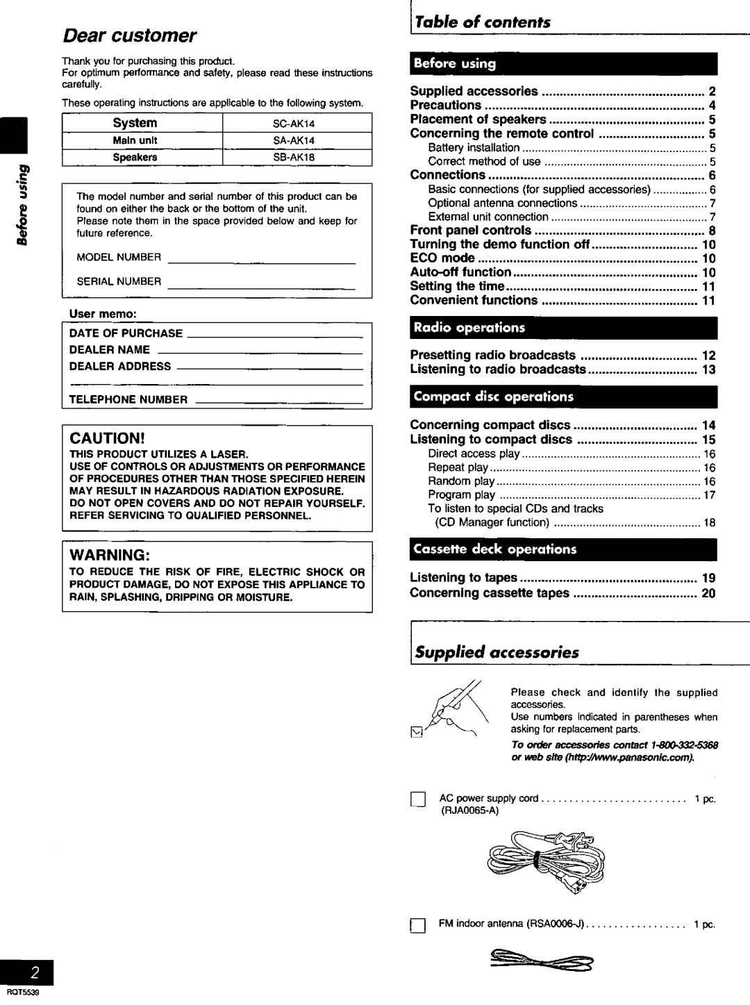 Panasonic SC-AK14 manual 