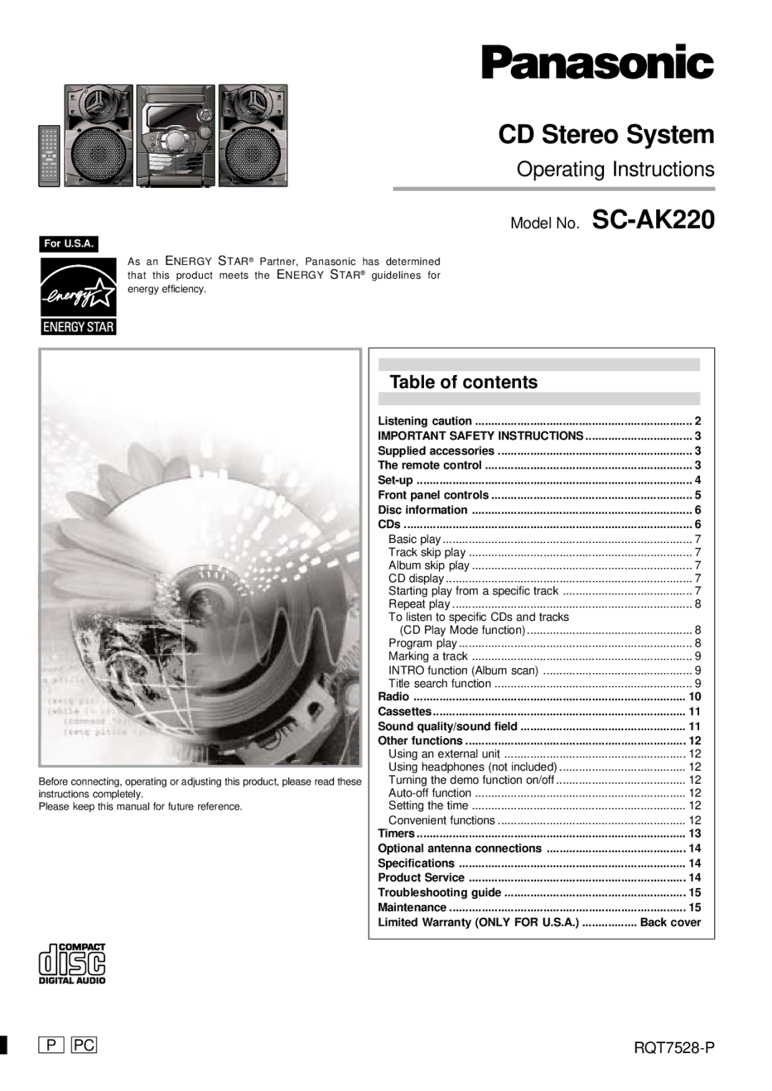 Panasonic SC-AK220 operating instructions CD Stereo System, Table of contents 