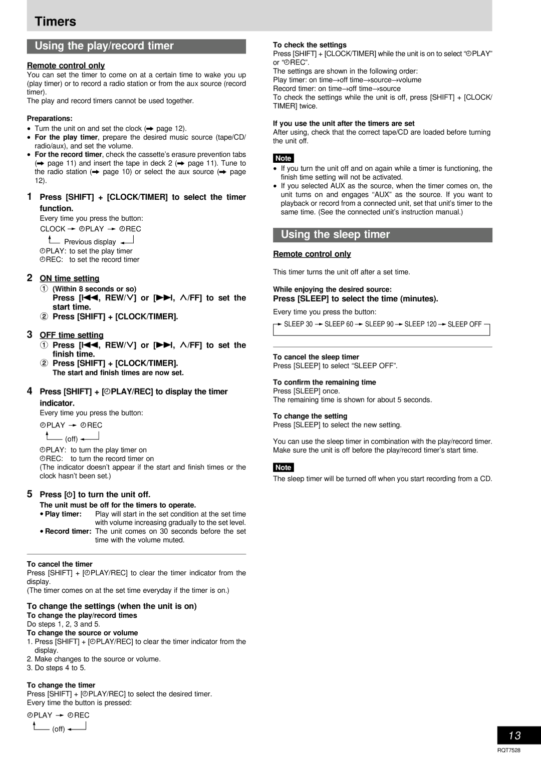 Panasonic SC-AK220 operating instructions Timers, Using the play/record timer, Using the sleep timer 