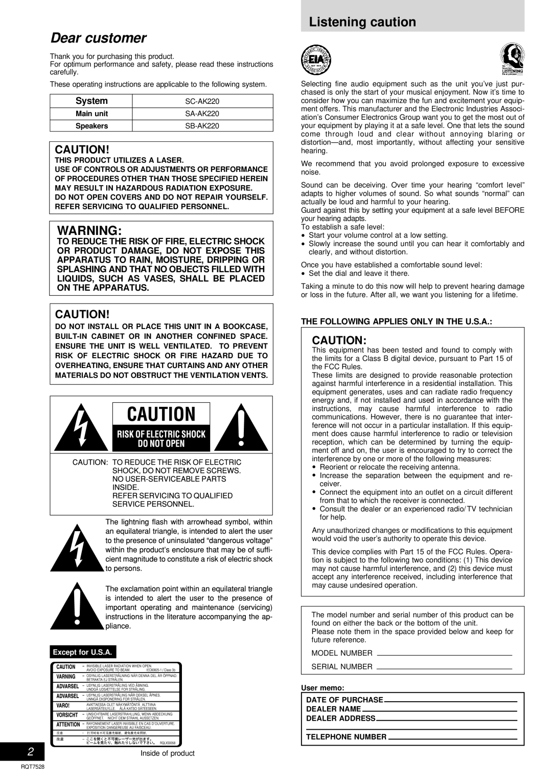 Panasonic SC-AK220 operating instructions Listening caution, Main unit, Speakers, User memo 